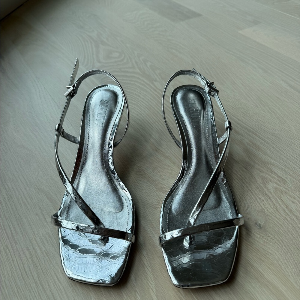 SCHUTZ Silver Strappy Kitten Heel